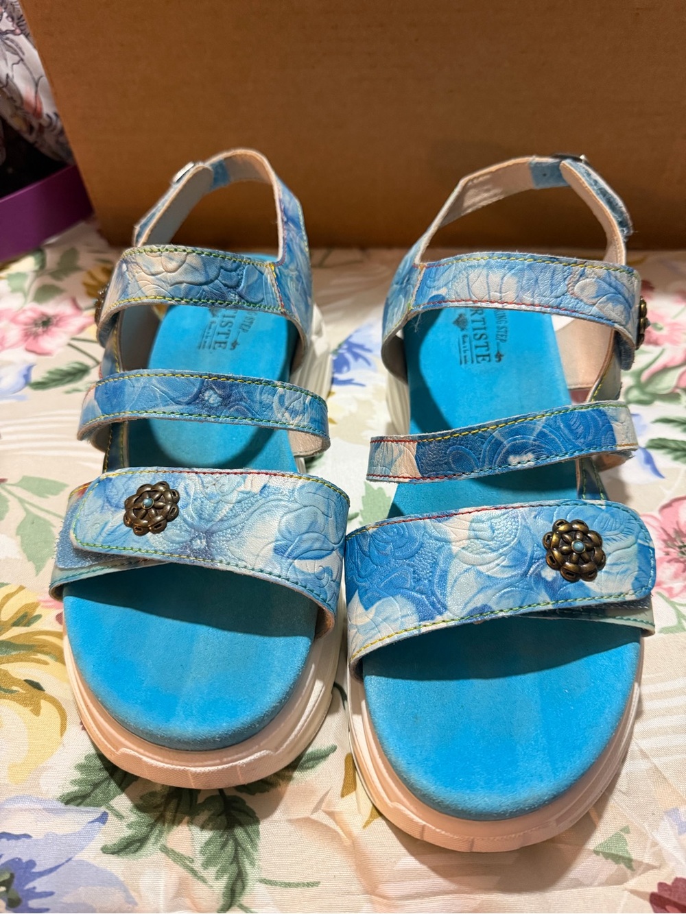 Blue Floral Adjustable Strap Sandals